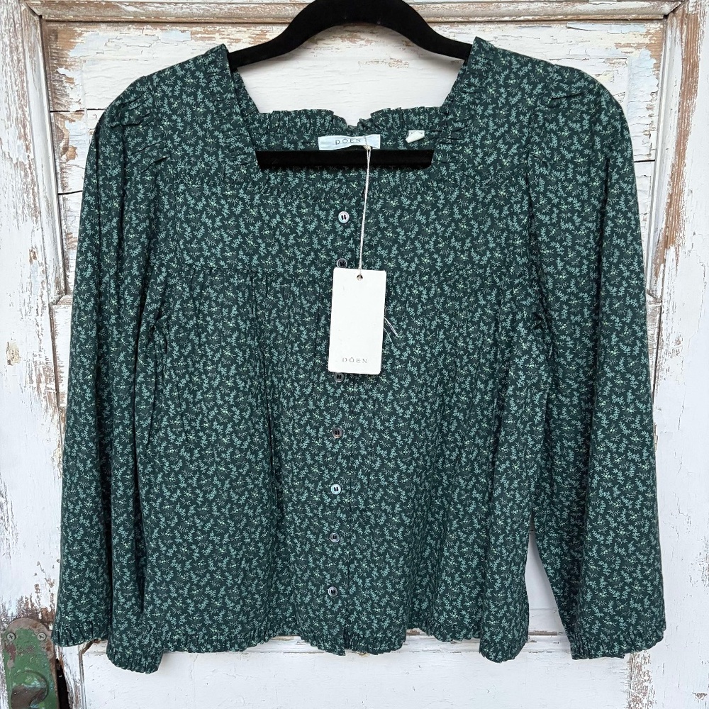 Doen NWT Lunara Blouse Evergreen Winter Ditsy 100% Organic Cotton Sz Small